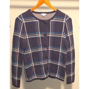 Talbots Cardigan Womens Blue Plaid Button Long Sleeve Crew Neck Warm Size Medium